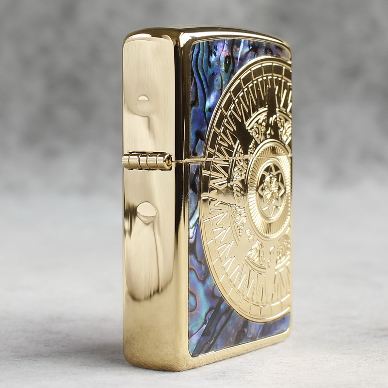 Hộp quẹt, bật lửa Zippo Brass MỸ mã 205 chủ đề La Bàn Bán Nguyệt cẩn xà cừ, hàng chính hãng có giấy Hải Quan đi kèm
