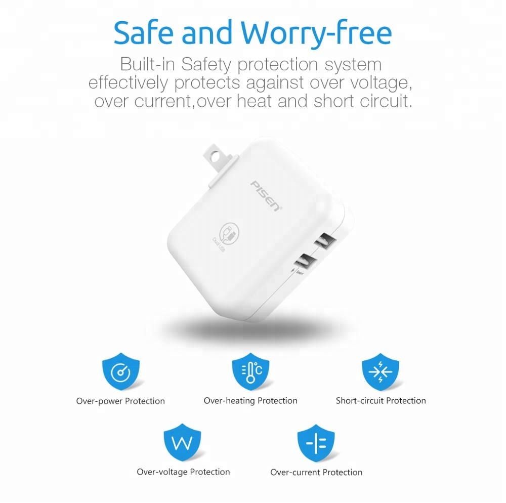 Cốc Sạc Nhanh Pisen Cho IPad 2.4A Có 2 Cổng USB - Hàng chính hãng Bảo hành 1 năm