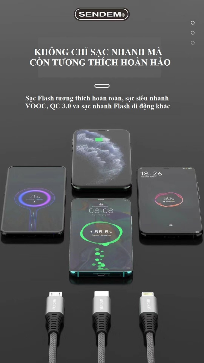 2 mét - Dây sạc nhanh 5A VOOC SENDEM M12S chân cắm iPHONE, dây dù dài 2 mét - Hàng chính hãng