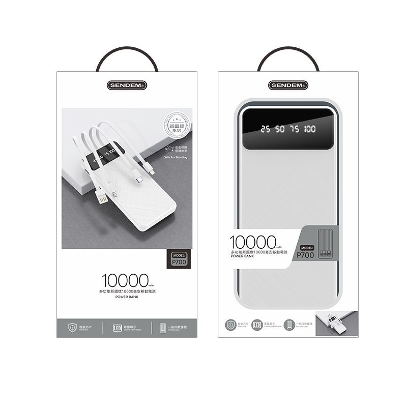 Sạc dự phòng SENDEM P700 10000mAh, màn hình LCD, kèm cáp sạc nhanh Type C, I (L ) , Micro, USB, Hàng chính hãng