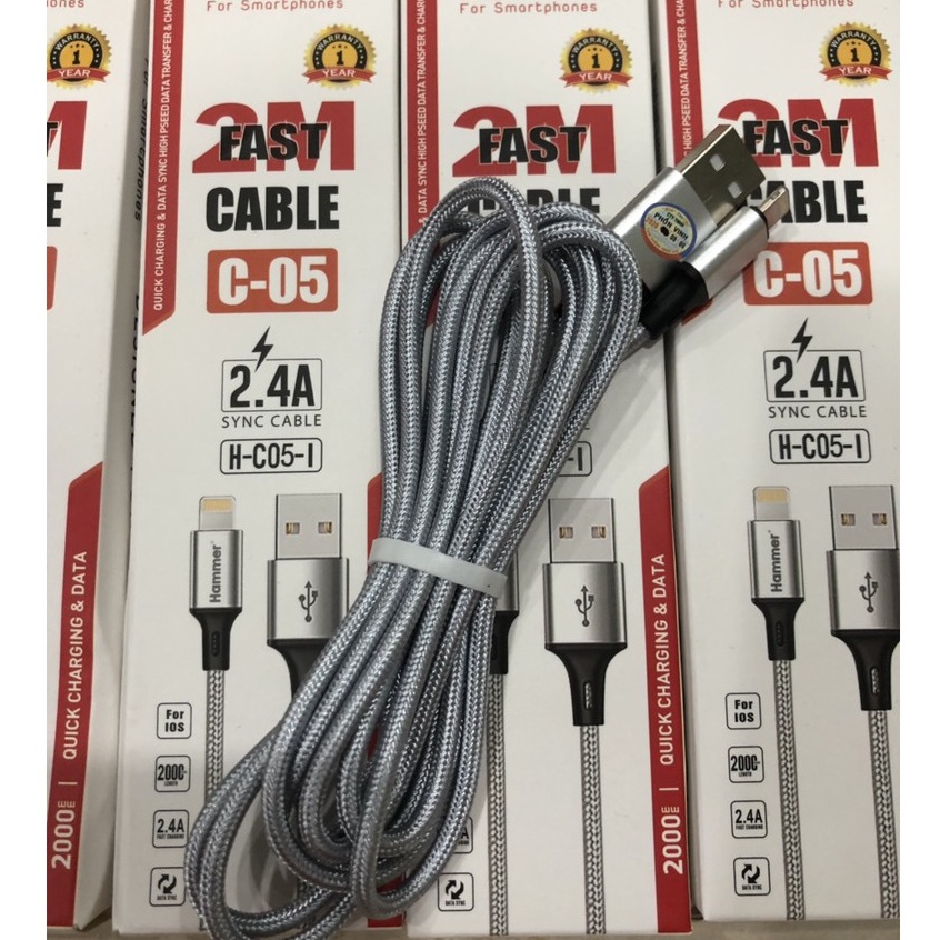 IP2M -DÂY SẠC NHANH HAMMER C05,CHUÔI 2.4A,DÂY DÙ DÀI 2M,Hàng bảo hành 12 tháng