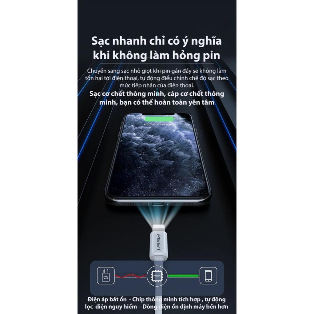 Dây sạc nhanh Pisen Quick L & Type-C 3A (Type-C to L ) 1000mm - (CL-PD-1000),  Hàng Chính Hãng