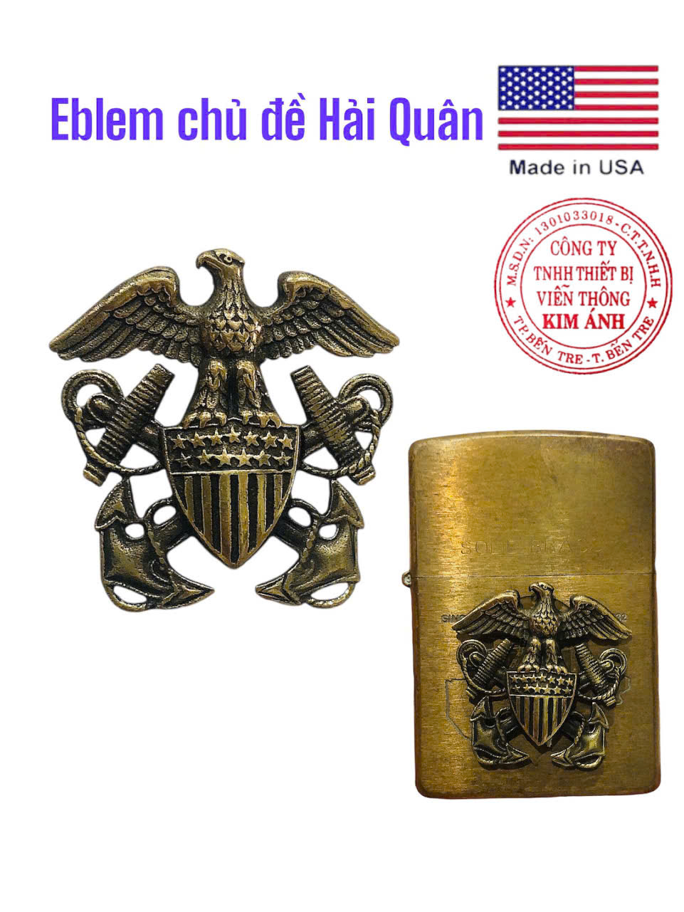 Miếng dán Eblem trang trí Zippo chủ đề U.S NaVy ( Hải Quân), chất liệu đồng thau Solid Brass, hàng chuẩn zin Mỹ
