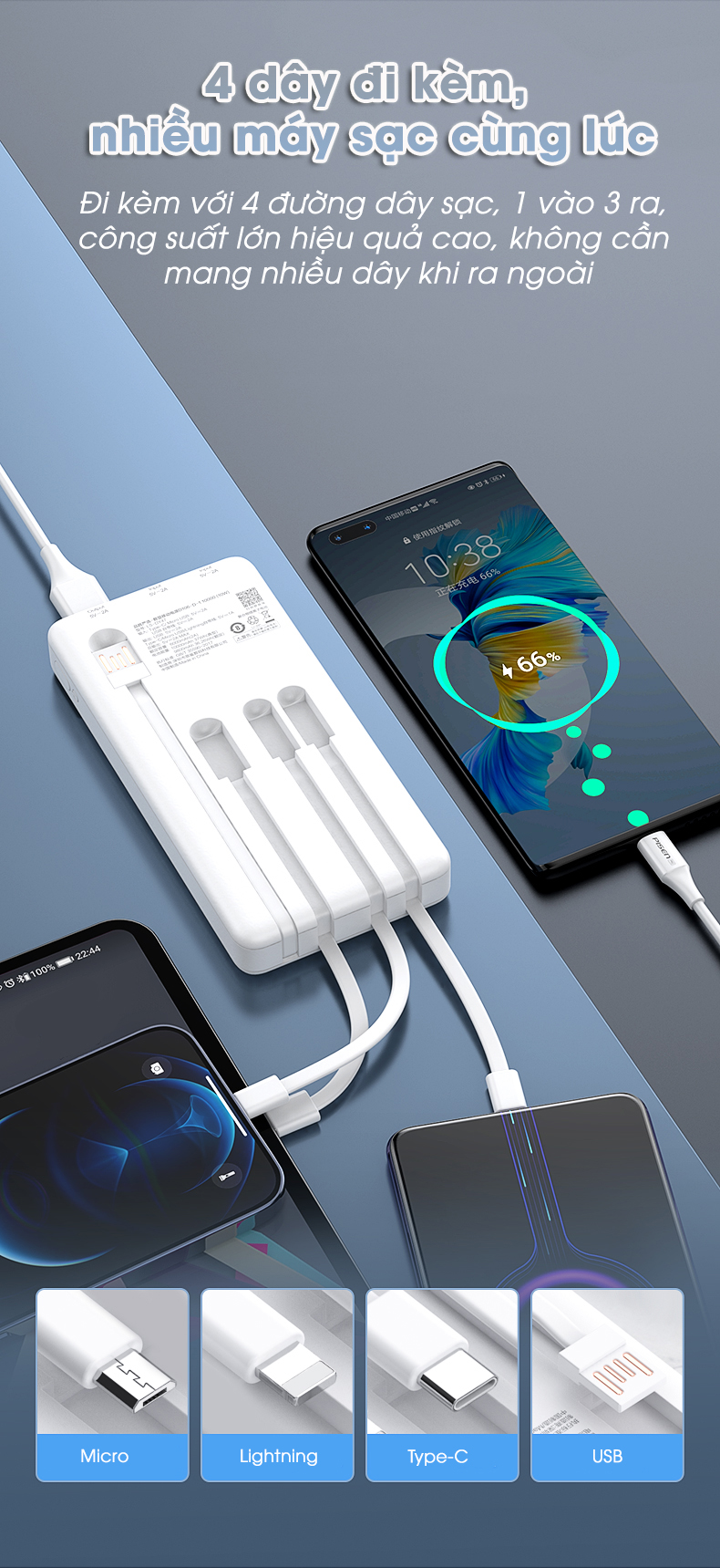 Sạc dự phòng PISEN Digital D109-D-1 10000mAh kèm cáp Type-C, L, Micro, tương thích mọi thiết bị (LS-DY53), màu trắng