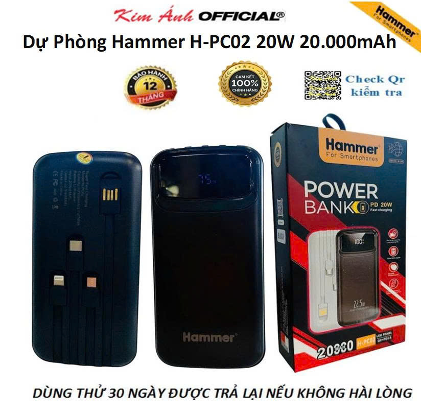 Sạc dự phòng Hammer H-PC02 20W - 20.000mAh, Kèm 4 Cáp Sạc, Kim Ánh cam kết hàng chính hãng bảo hành 12 tháng