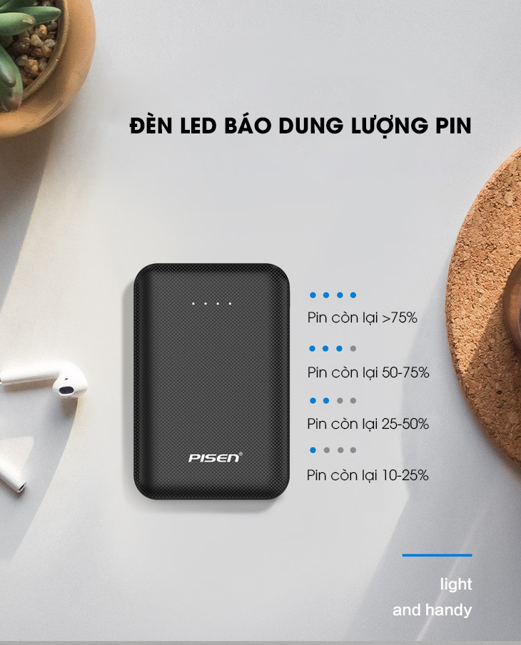 Sạc Dự Phòng Pisen Mini 5000mAh (Type-C, 2xUSB Smart )- Ultra Slim, Hàng chính hãng