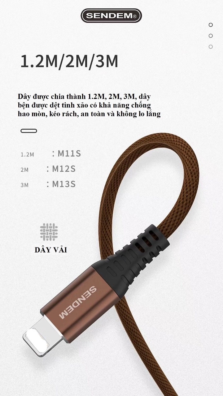 Dây sạc nhanh VOOC SENDEM M12S chân cắm Micro, dây dù dài 2M hỗ trợ sạc 5A QC 3.0, PD - Hàng chính hãng