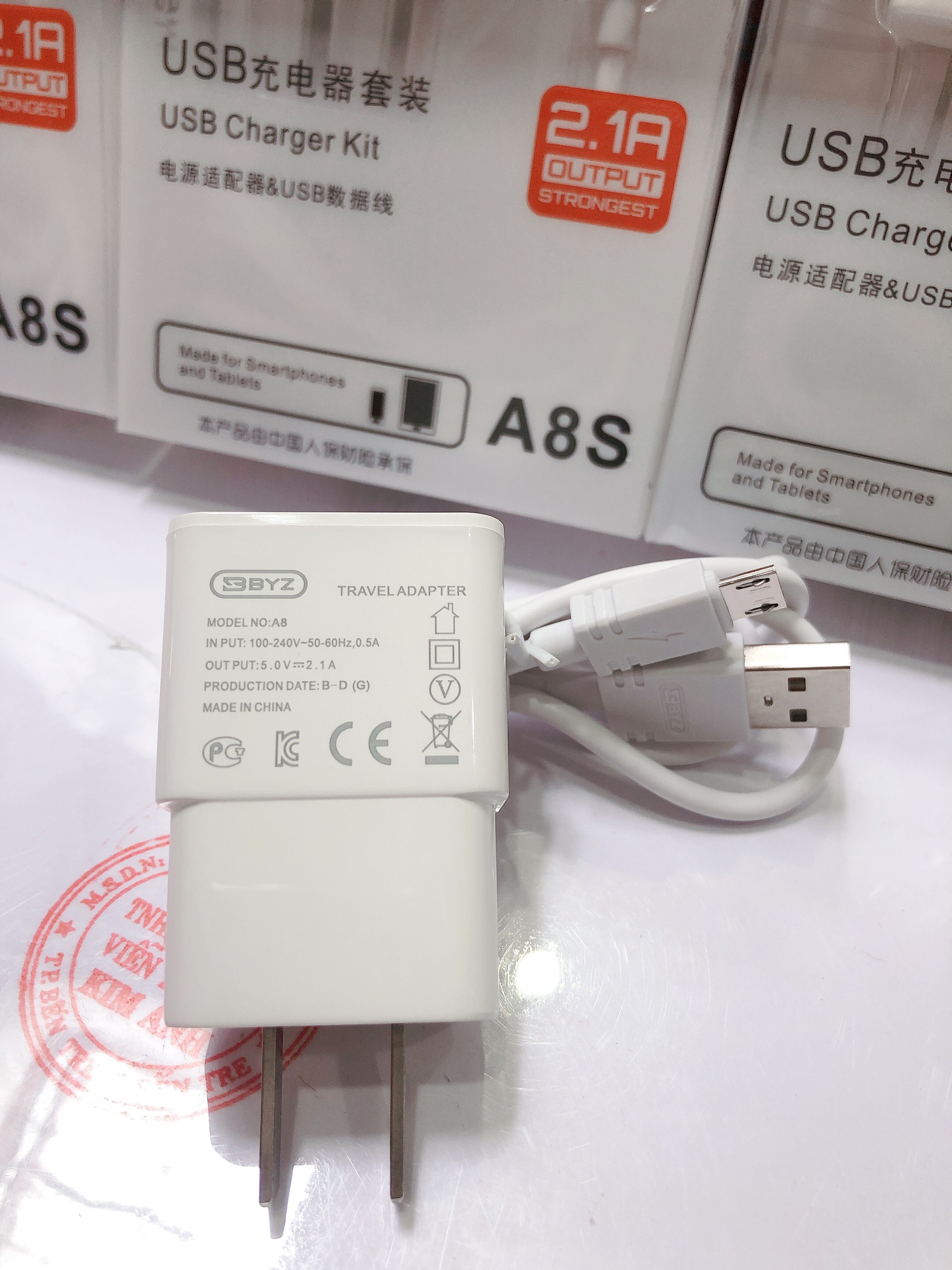 Bộ sạc BYZ A8S, dòng điện 2.1A, chuôi V8/ Micro Bảo hành 12 tháng