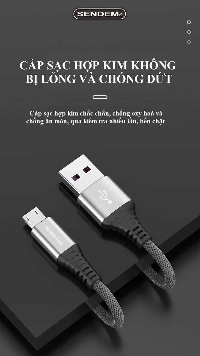 Dây sạc nhanh VOOC SENDEM M12S chân cắm Micro, dây dù dài 2M hỗ trợ sạc 5A QC 3.0, PD - Hàng chính hãng