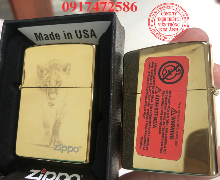 BẬT LỬA ZIPPO MÀU VÀNG HỌA TIẾT CHÓ SÓI