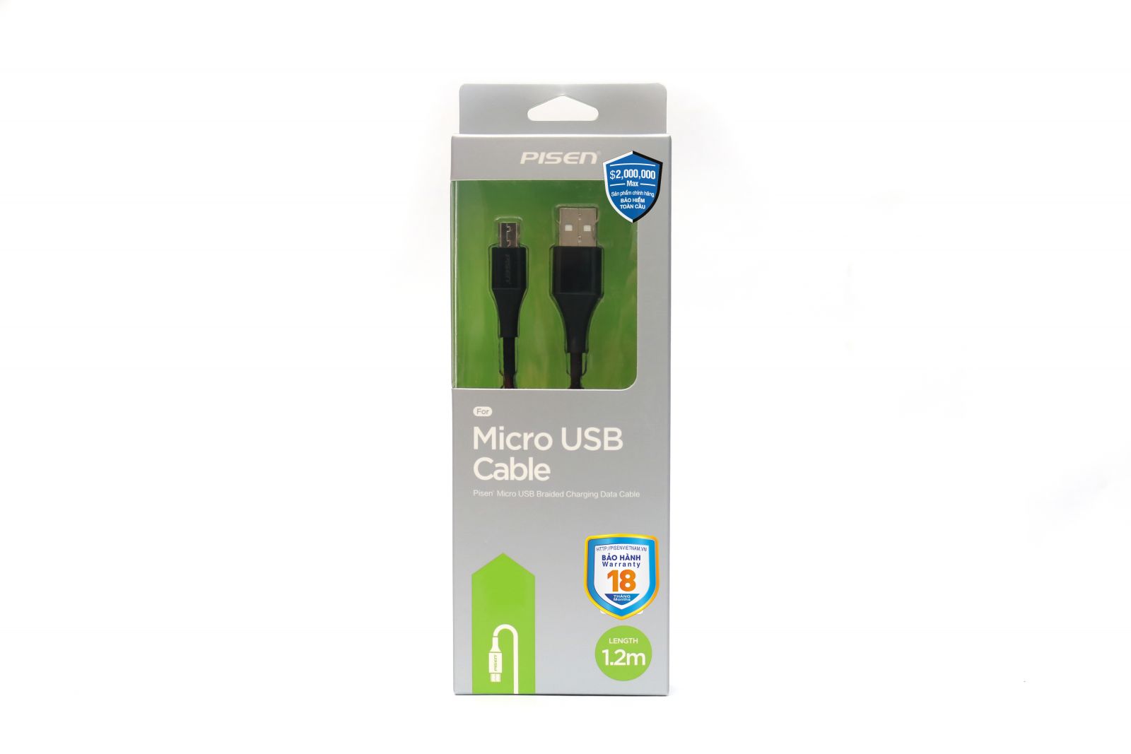 Dây sạc nhanh PISEN Micro USB 2.4A braided 1200m (Anti-break)- (MU18-1200), dây dù chống rối, hàng chính hãng