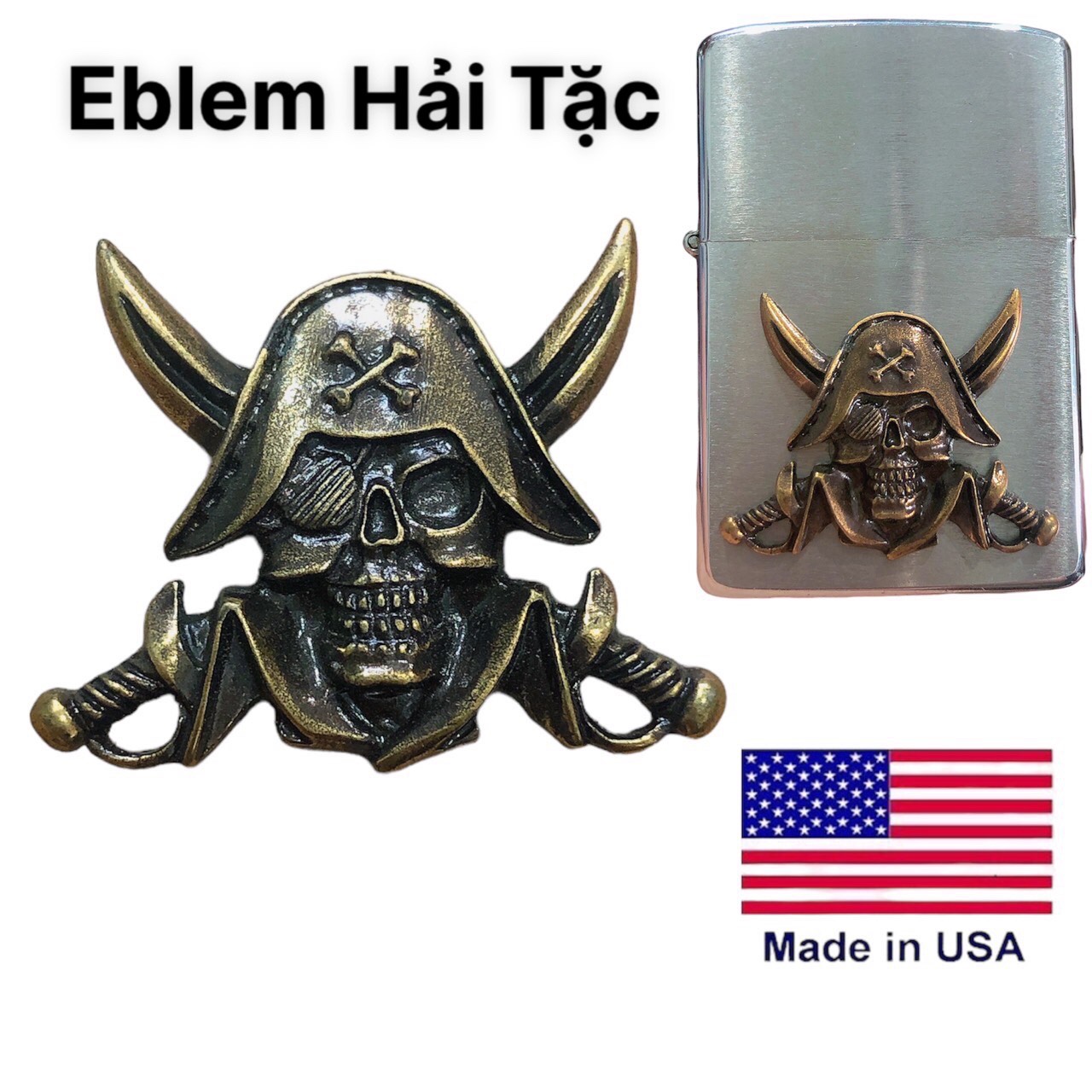 Eblem dán trang trí Zippo Mỹ chủ đề Hải Tặc, chất liệu Đồng thau Solid Brass