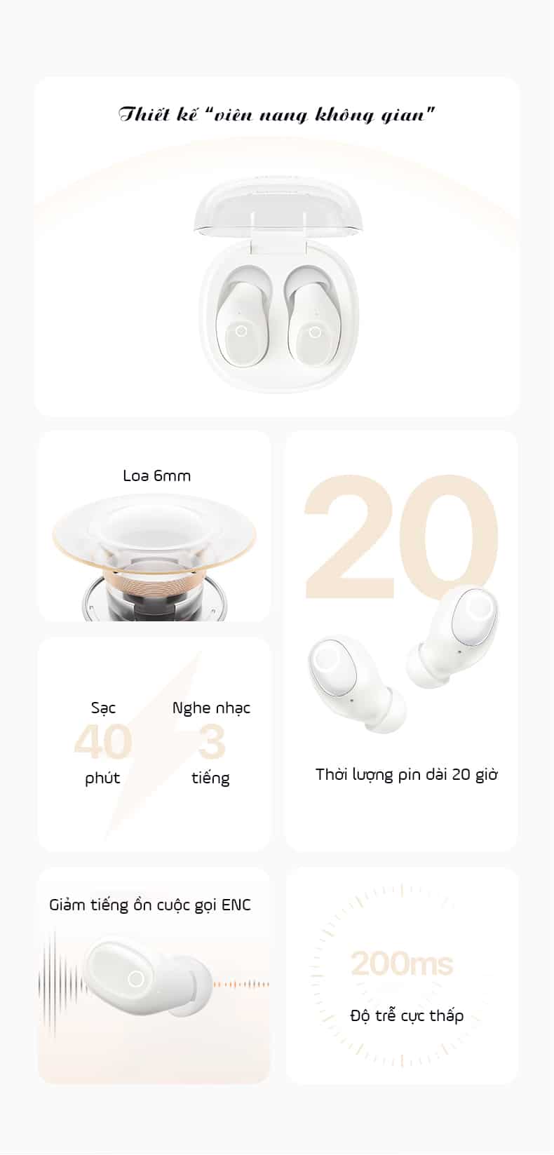 Tai nghe Bluetooth PISEN 60 True Wireless ( LV19JL ) màu trắng - Hàng chính hãng, bảo hành 18 tháng