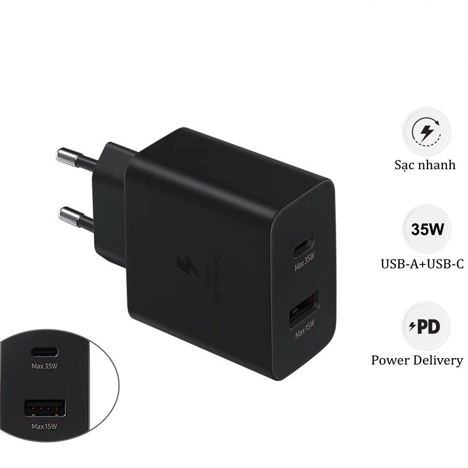 Củ sạc nhanh Samsung Note 10, 2 Cổng type C và USB (35W + 15W), cóc sạc samsung Note 10, Màu đen