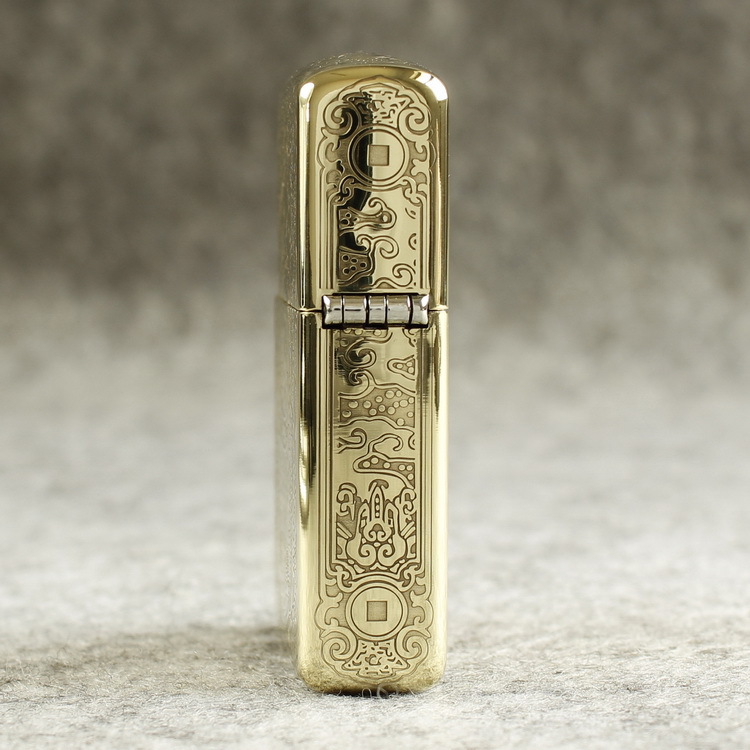 Bật lửa Zippo Mỹ 204B Brushed Brass, Khắc ăn mòn 5 mặt Chủ đề Tỳ Hưu, Hàng chính hãng