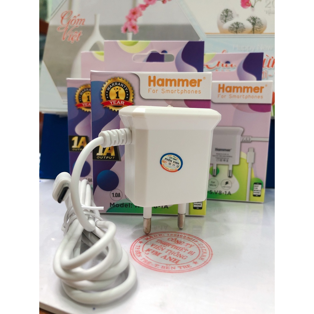 Sạc Liền Dây Hammer (H-5) Dòng Điện 1A có đèn Led , Chuôi Micro - Hàng Chính Hãng