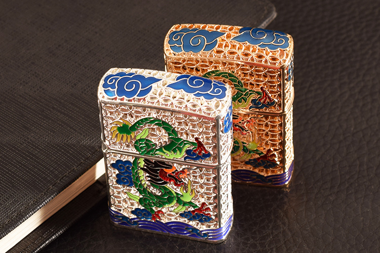 Bật lửa, hộp quẹt Chief chủ đề Thanh Long Quá Hải 5 mặt, khảm men đẹp, hàng loại 1 cao cấp vỏ bằng đồng