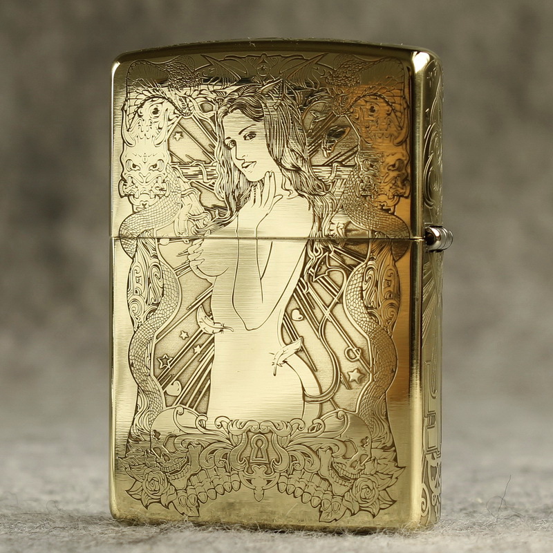 Hột quẹt Zippo MỸ Brass mã 204B khắc ăn mòn đổ sơn 5 mặt chủ đề Cô gái đầu lâu , Hàng chính hãng