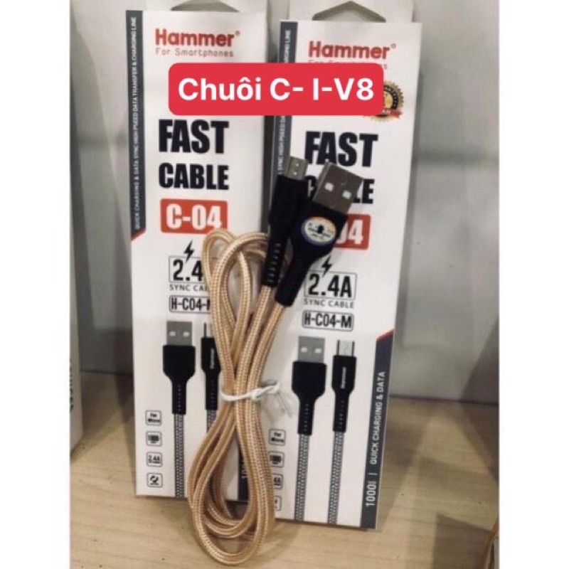 Dây sạc nhanh Hammer C04 các loại chân cắm Linghtning, Micro, Type C, dòng điện 5v-2.4A, dây dù sạc nhanh chính hãng, check Qr