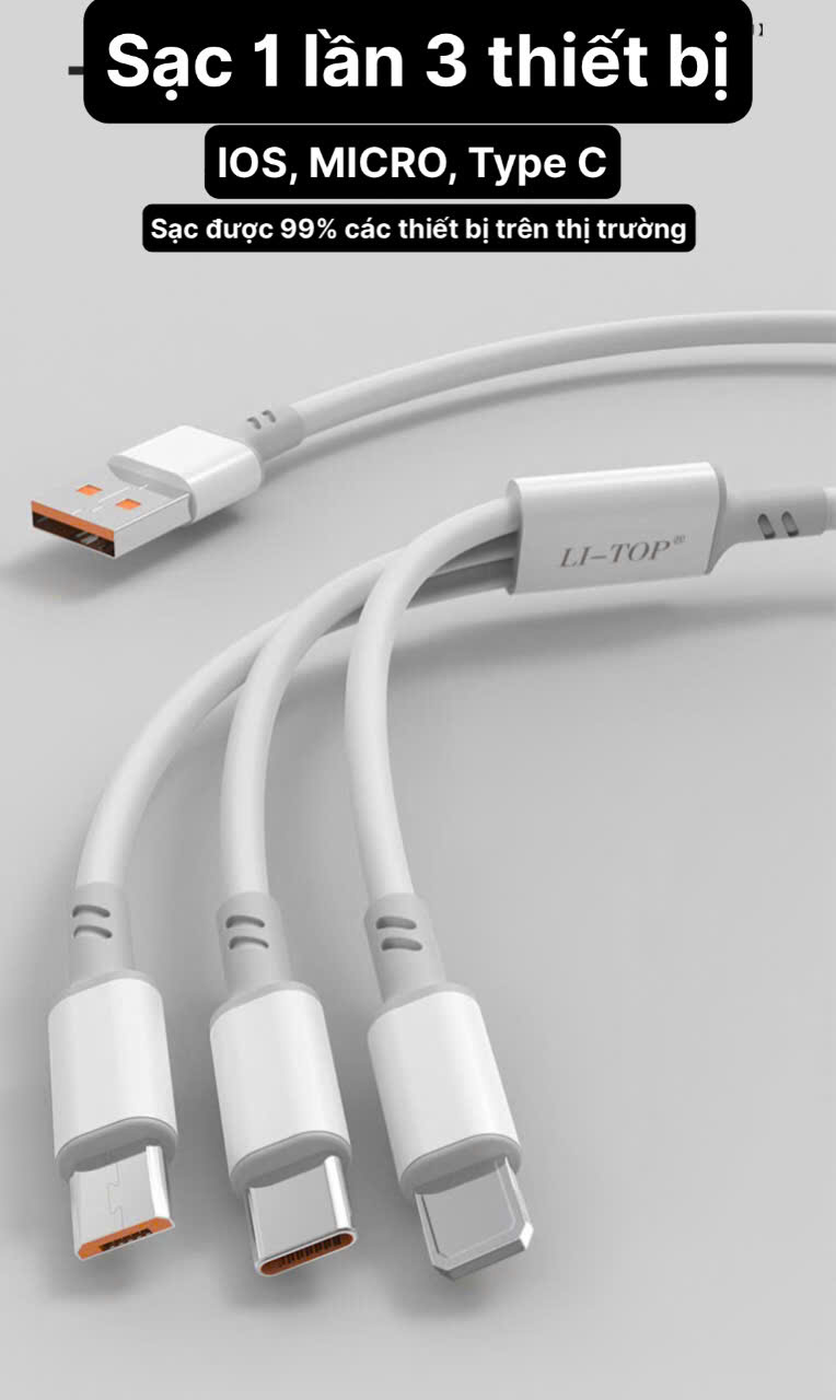 Dây sạc nhanh LI-TOP LX38 3IN1, đa năng 3 chân cắm IOS, MICRO, TYPE C, công suất 66W, Kim Ánh cho dùng thử 30 ngày