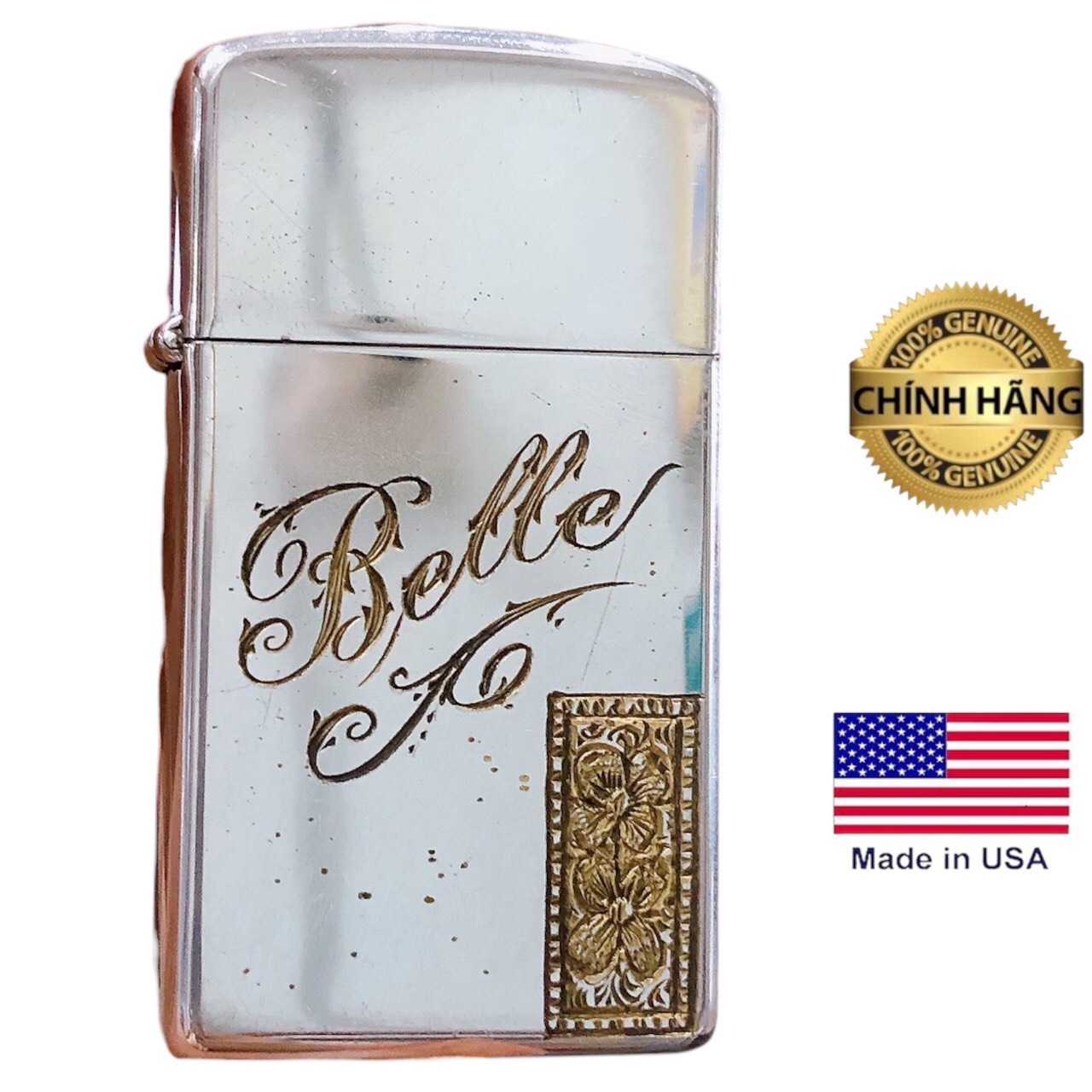 Hộp quẹt, bật lửa Zippo MỸ high polish chrome khắc ăn mòn Beller, sản xuất 1965, Hàng chính hãng