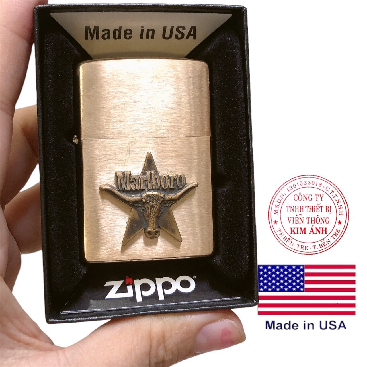 Eblem Zippo Mỹ chủ đề Đầu bò, Chuẩn Zin Đồng thau Solid Brass