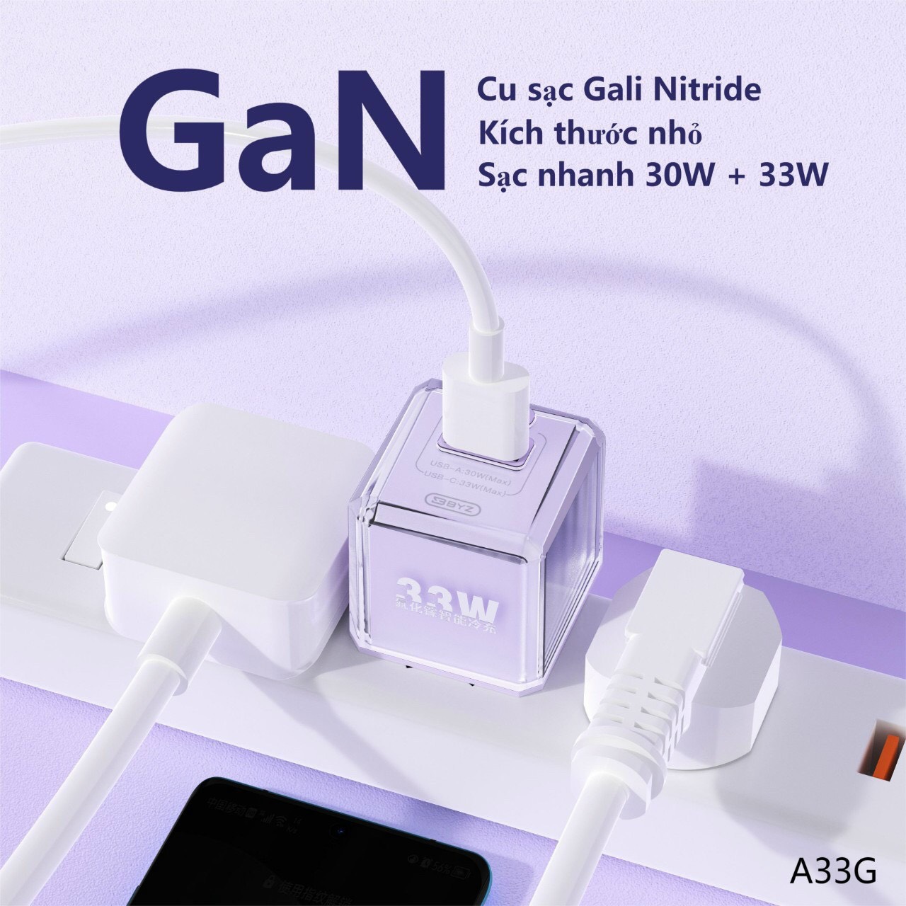 Cóc sạc nhanh BYZ công suất 33W, Mode YJ-A33G kiểu dáng nhỏ gọn, Hàng chính hãng