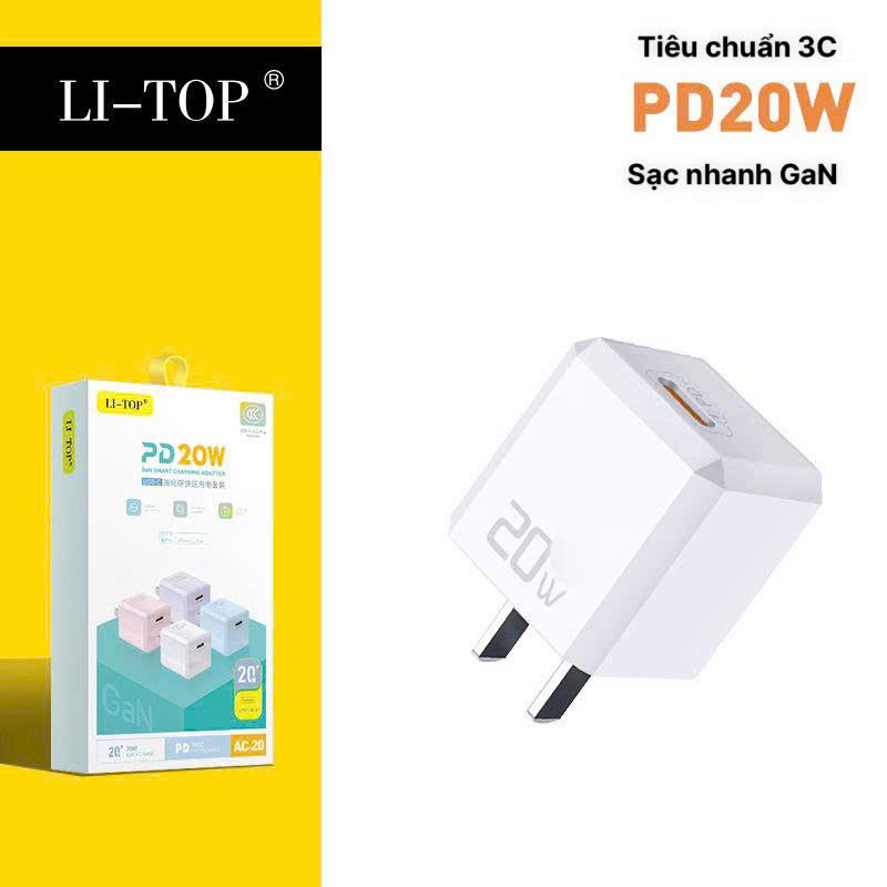 Củ sạc LI-TOP AC20 mini, sạc nhanh PD 20W, đạt chứng nhận 3C tiêu chuẩn quốc gia, hàng chính hãng bảo hành 12 tháng