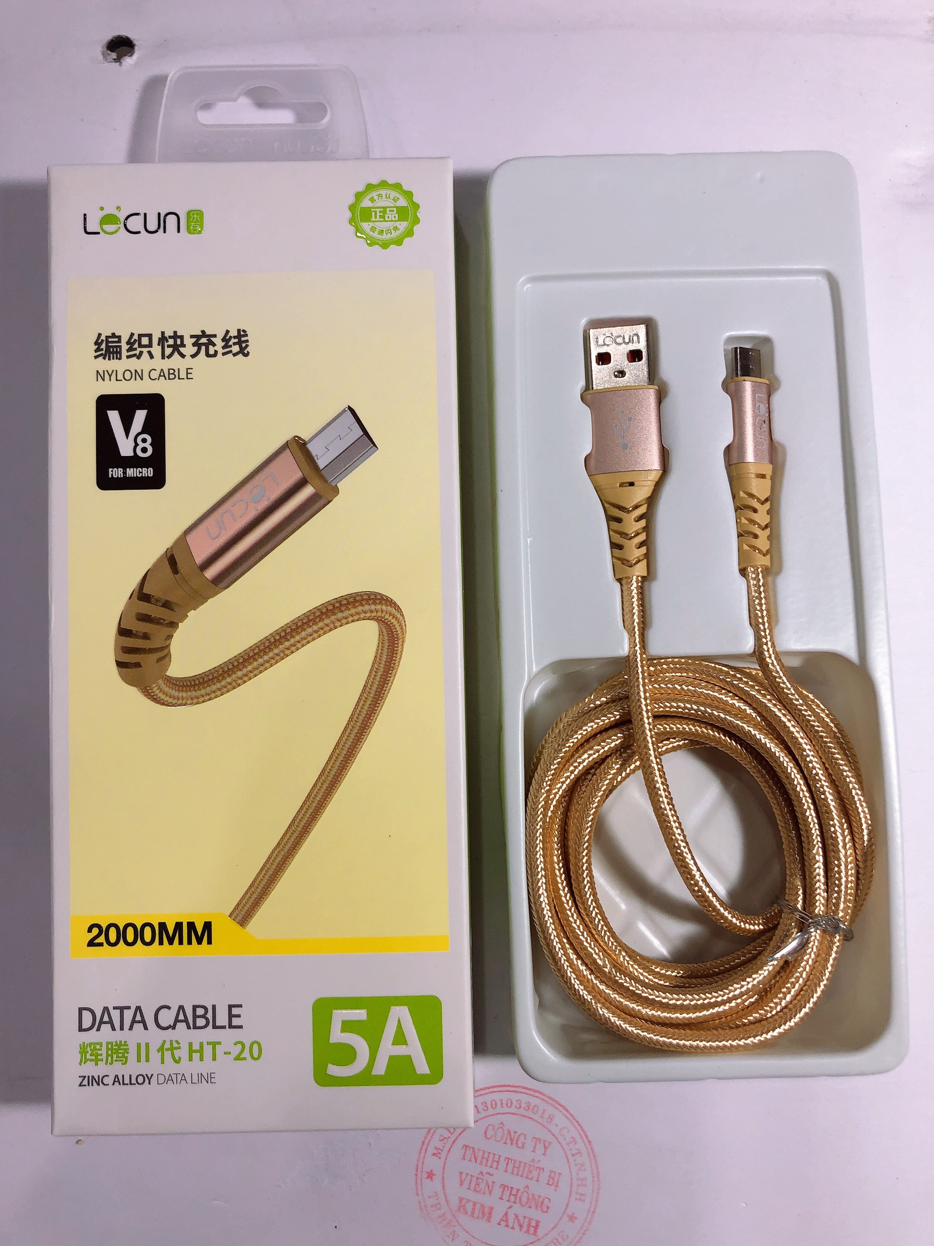 2m -V8-Dây sạc nhanh Lecun HT 20 dòng điện 5V- 5A  chuôi V8/ micro, dây dù dài 2m - Hàng Chính Hãng