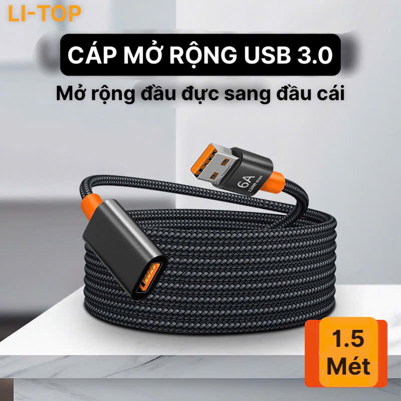 Cáp mở rộng USB 3.0, 2.0 nối dài đầu đực sang đầu cái, dây bện dài 1.5 mét, hiệu Li-Top chính hãng