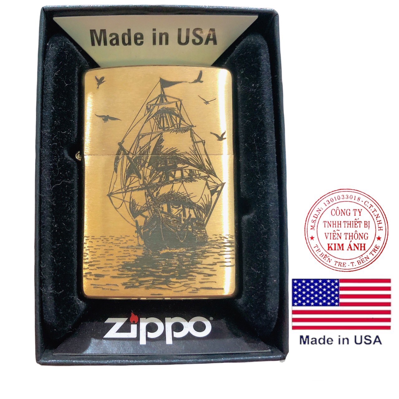 Bật lửa Zippo Mỹ Brass, khắc ăn mòn Chủ đề Thuận Buồm Xuôi Gió,  Hàng chính hãng