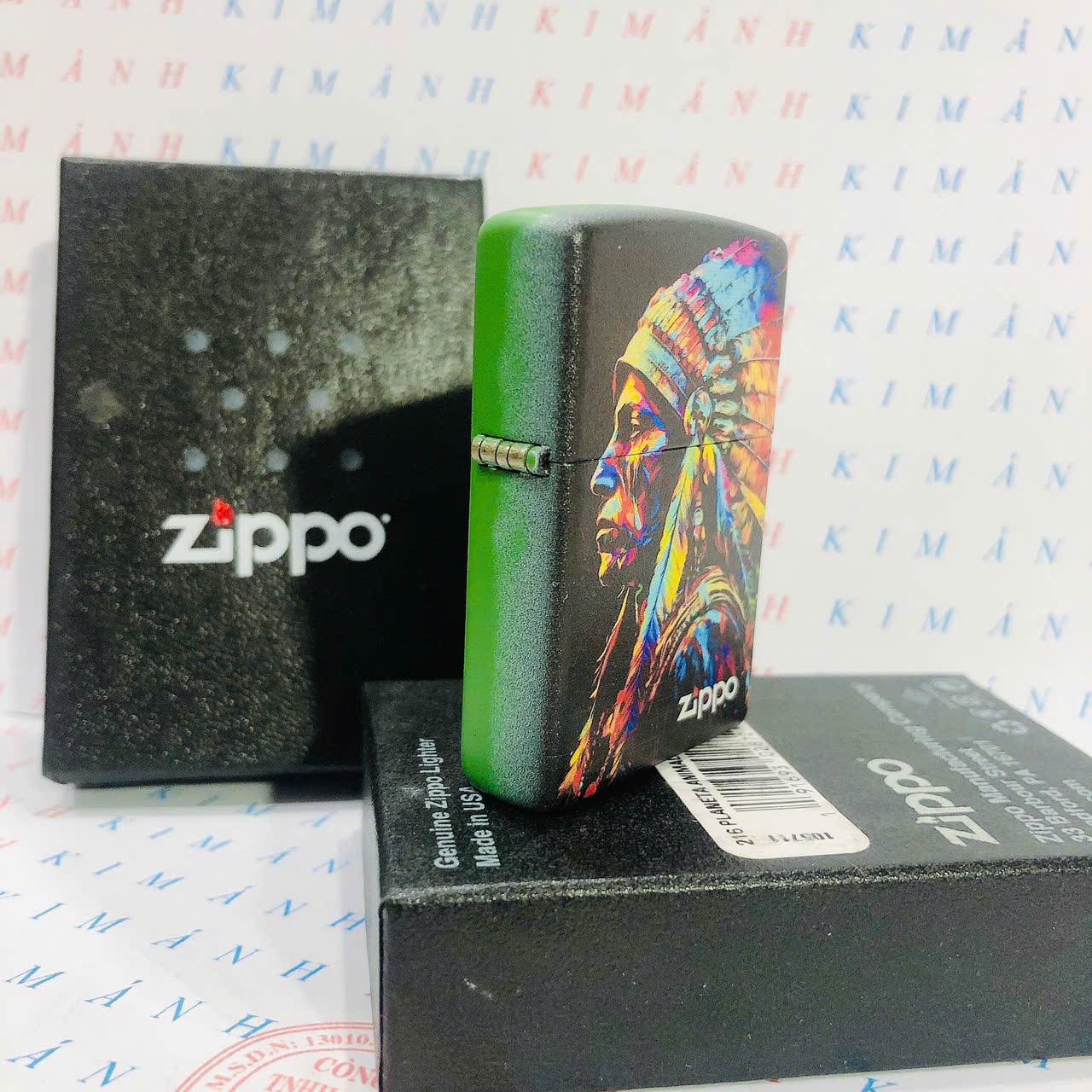 Bật lửa, hộp quẹt Zippo Mỹ, Brass phủ sơn chủ đề Thổ Dân 4, hàng chính hãng có giấy Hải Quan đi kèm