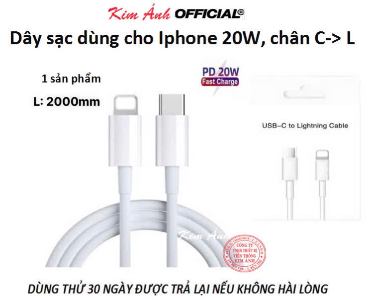 Dây sạc nhanh PD 20W 2 mét chân cắm Type C ra L sạc rất nhanh vào pin, Kim Ánh bảo hành 12 tháng, được dùng thử 30 ngày