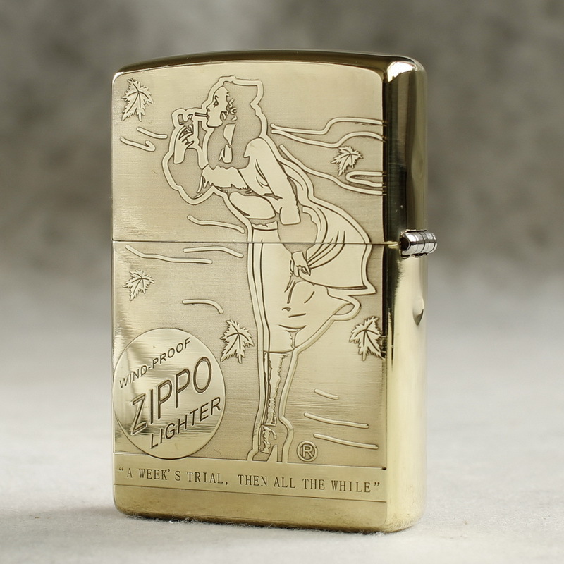 Hột quẹt Zippo MỸ Brass mã 204B khắc ăn mòn đổ sơn 5 mặt chủ đề Cô gái gió, Hàng chính hãng