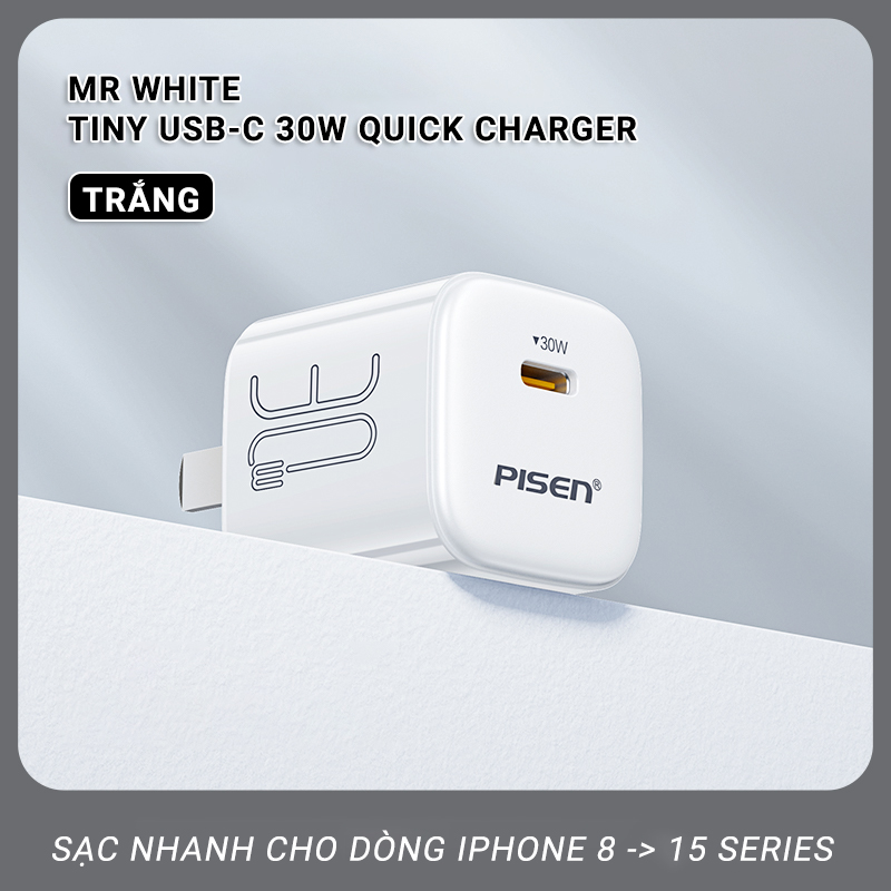 Củ sạc Gallium Nitride 30W-  PISEN QUICK Mr White Tiny USB-C (TS-C175) , check QR kiểm tra chính hãng, bảo hành 24 tháng