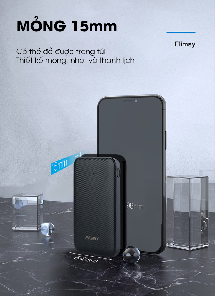 Sạc Dự Phòng Pisen Mini 5000mAh (Type-C, 2xUSB Smart )- Ultra Slim, Hàng chính hãng