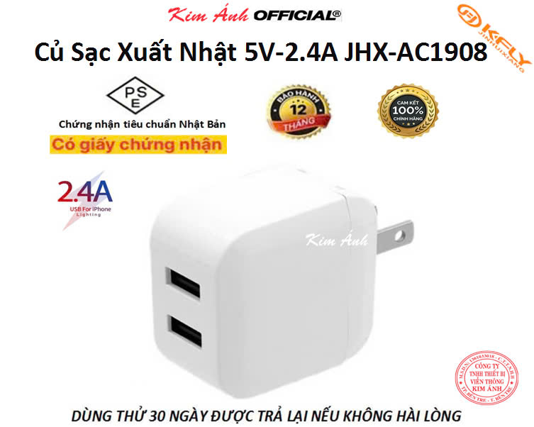 Củ sạc xuất Nhật 2.4A KFLY ( JHX-AC1908) chứng nhận PSE tiêu chuẩn Nhật Bản, dùng thử 30 ngày, bảo hành chính hãng 1 năm