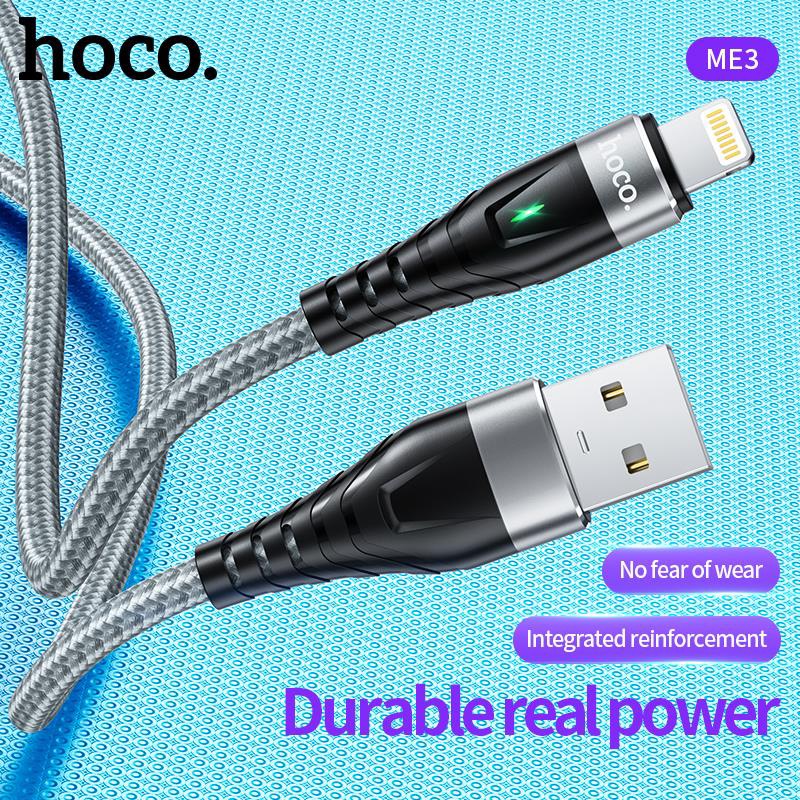 Dây sạc nhanh 3A báo đèn Hoco ME3 chân L cho dùng thử 30 ngày, bảo hành chính hãng 12 tháng