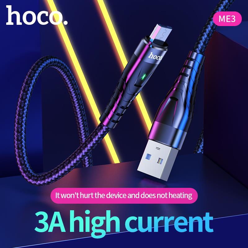 Dây sạc nhanh 3A báo đèn Hoco ME3 chân Micro cho dùng thử 30 ngày, bảo hành chính hãng 12 tháng