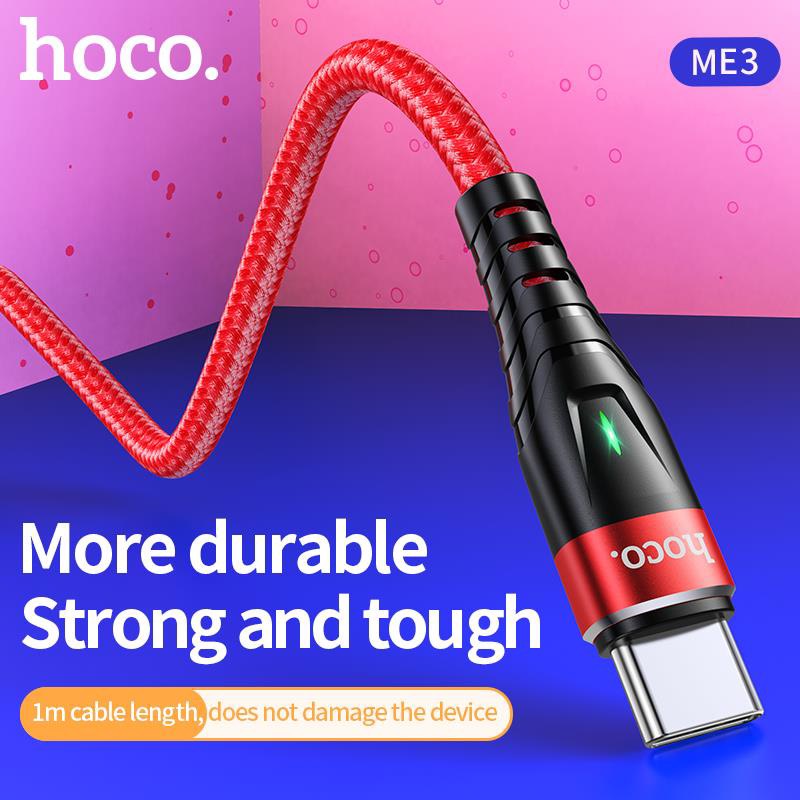 Dây sạc nhanh 3A báo đèn Hoco ME3 chân Type C, cho dùng thử 30 ngày, bảo hành chính hãng 12 tháng