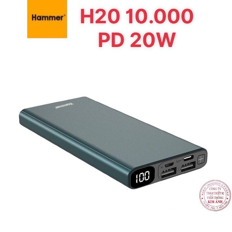 Sạc Dự Phòng Hammer (H20) vỏ nhôm 10.000 mAh, Sạc nhanh QC 3.0, PD 20w, màn hình LCD hiển thị pin - Hàng chính hãng