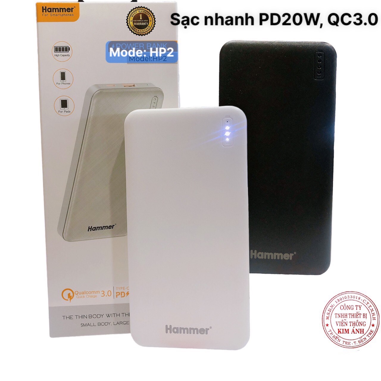 Pin sạc dự phòng Hammer (HP2) 10.000 mAh, sạc nhanh QC 3.0, PD 20w, Hàng chính hãng