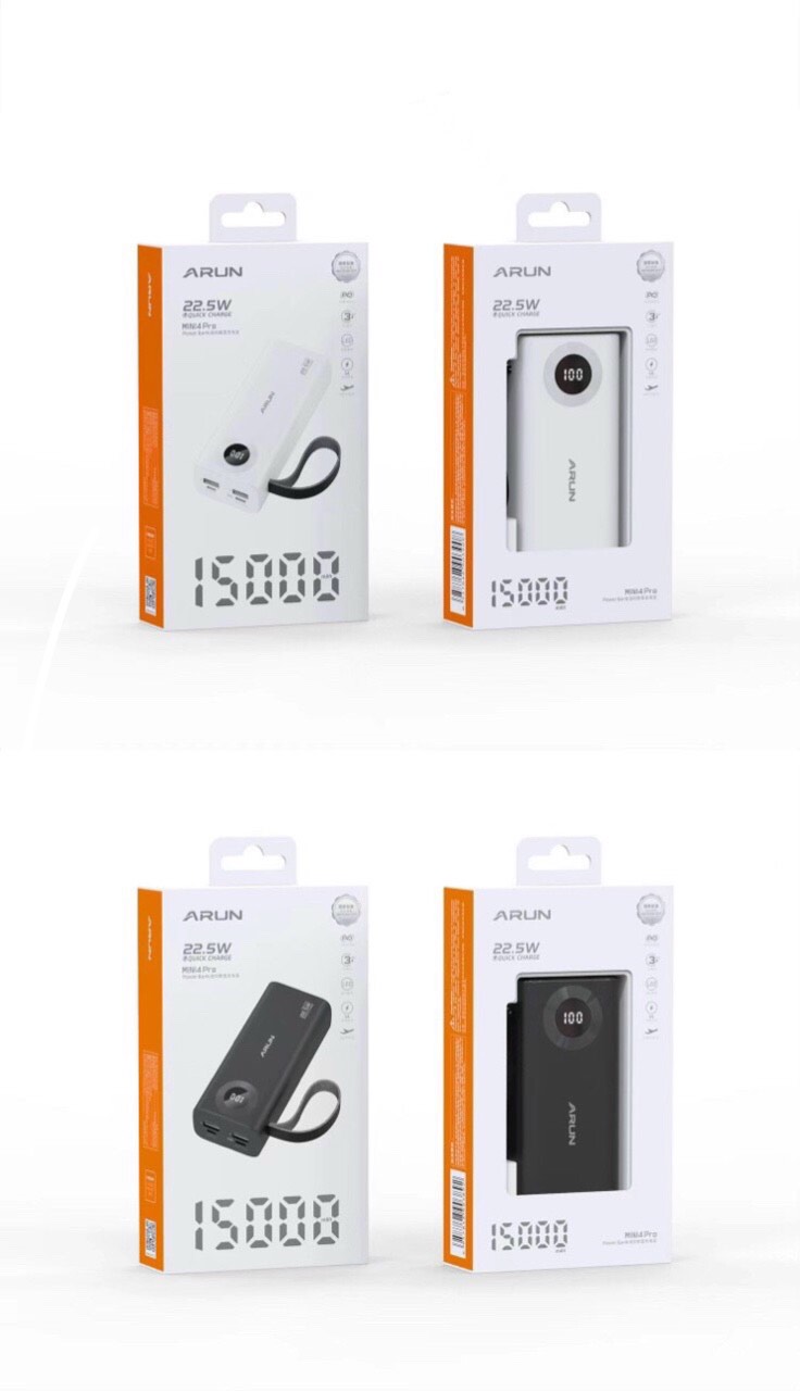 Pin sạc dự phòng Arun Mini 4 Pro 15000 mAh, sạc nhanh 22.5W nhỏ Gọn, có màn hình LCD hiển thị pin