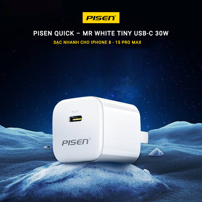 Củ sạc Gallium Nitride 30W-  PISEN QUICK Mr White Tiny USB-C (TS-C175) , check QR kiểm tra chính hãng, bảo hành 24 tháng