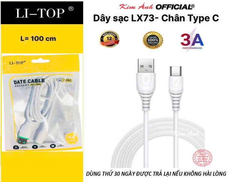 Dây sạc 3A LI-TOP LX33 chân Type C (Túi), dòng điện 3A, Kim Ánh cho dùng thử 30 ngày, bảo hành chính hãng 12 tháng
