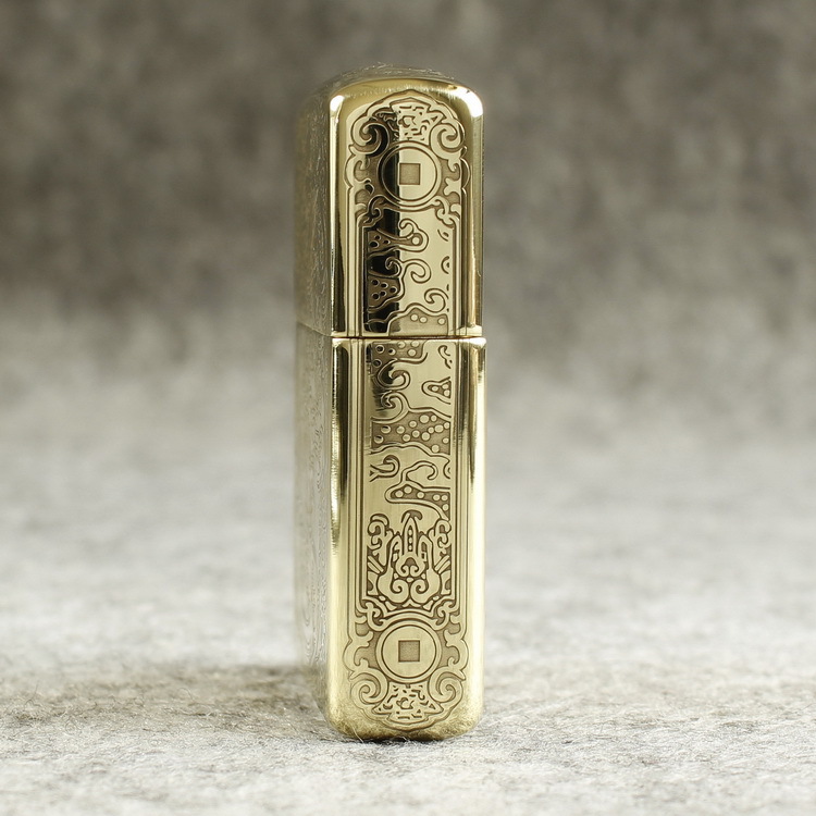 Bật lửa Zippo Mỹ 204B Brushed Brass, Khắc ăn mòn 5 mặt Chủ đề Tỳ Hưu, Hàng chính hãng