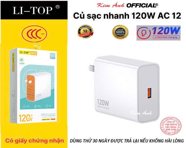 Củ sạc nhanh 120W LI-TOP AC12, chứng nhận 3C tiêu chuẩn quốc gia, bảo hành chính hãng 12 tháng, được dùng thử 30 ngày