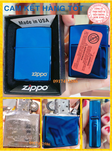 BẬT LỬA, HỘP QUẸT ZIPPO MÀU XANH SAPHIRE LOẠI TRƠN BÓNG, Vỏ bằng đồng ruột thép không gỉ có tem đỏ