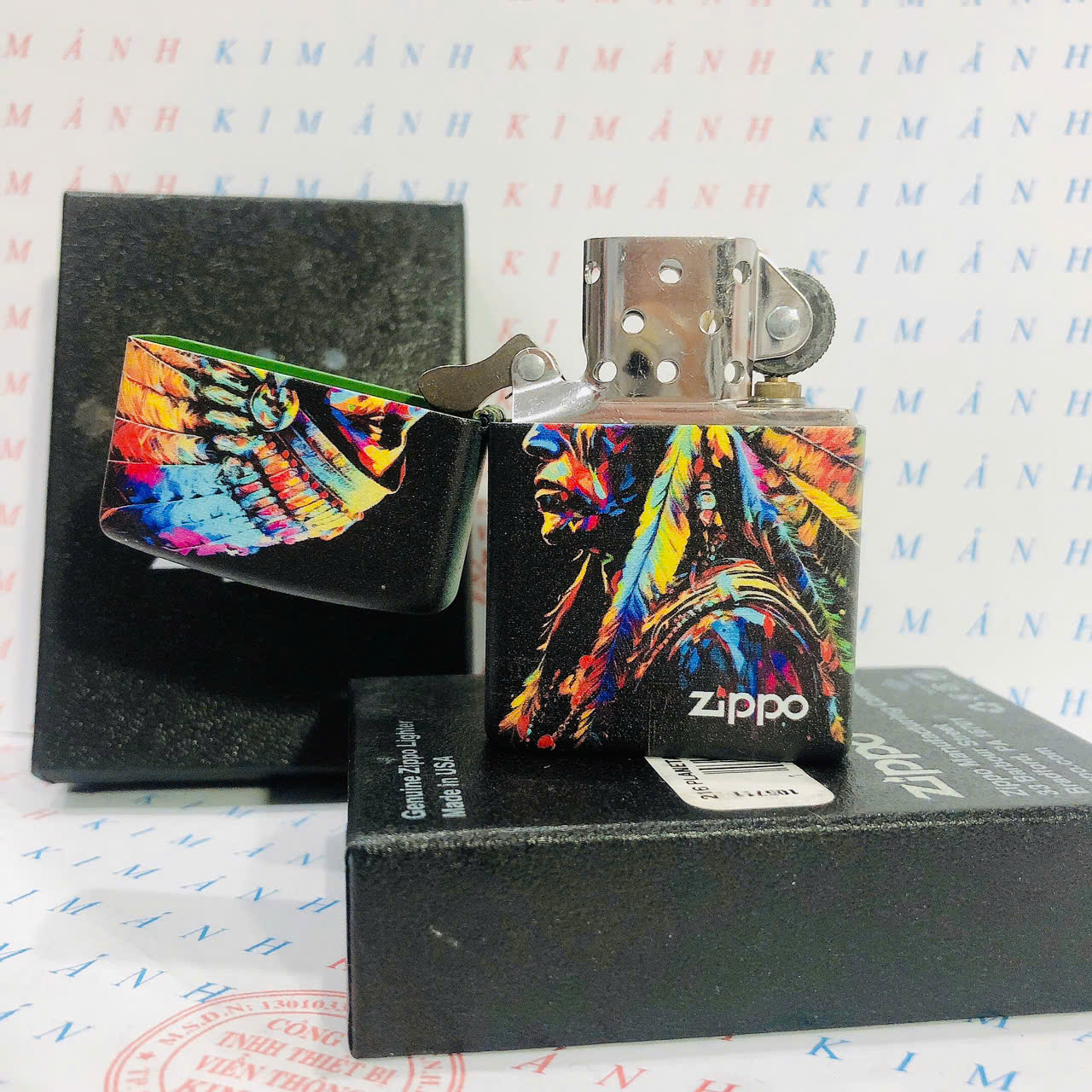 Bật lửa, hộp quẹt Zippo Mỹ, Brass phủ sơn chủ đề Thổ Dân 4, hàng chính hãng có giấy Hải Quan đi kèm