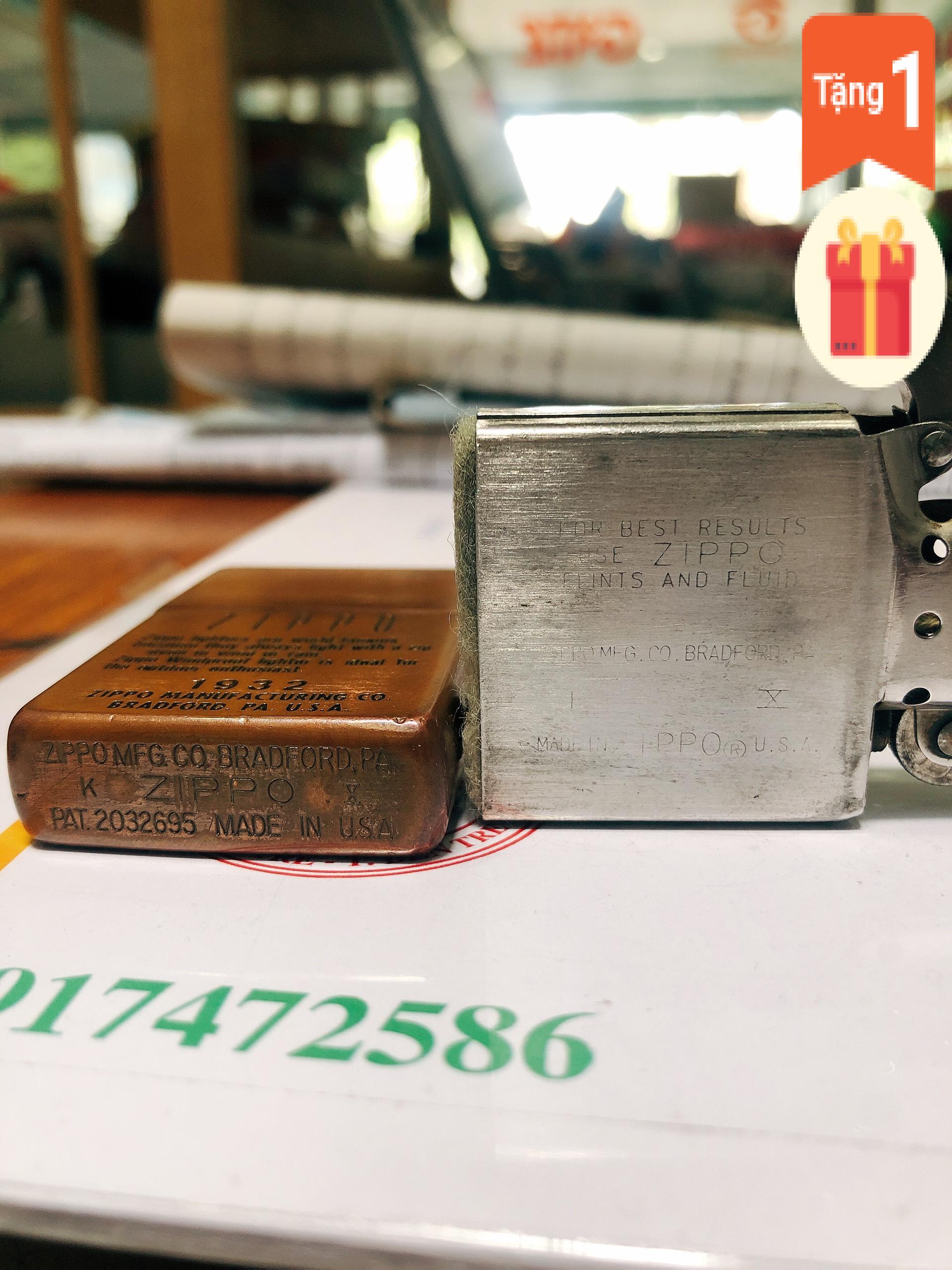 Bật lửa Zippo Mỹ Vintage mạ Copper, đầu bằng, đít bằng, khắc ăn mòn Zippo 1932, Hàng chính hãng